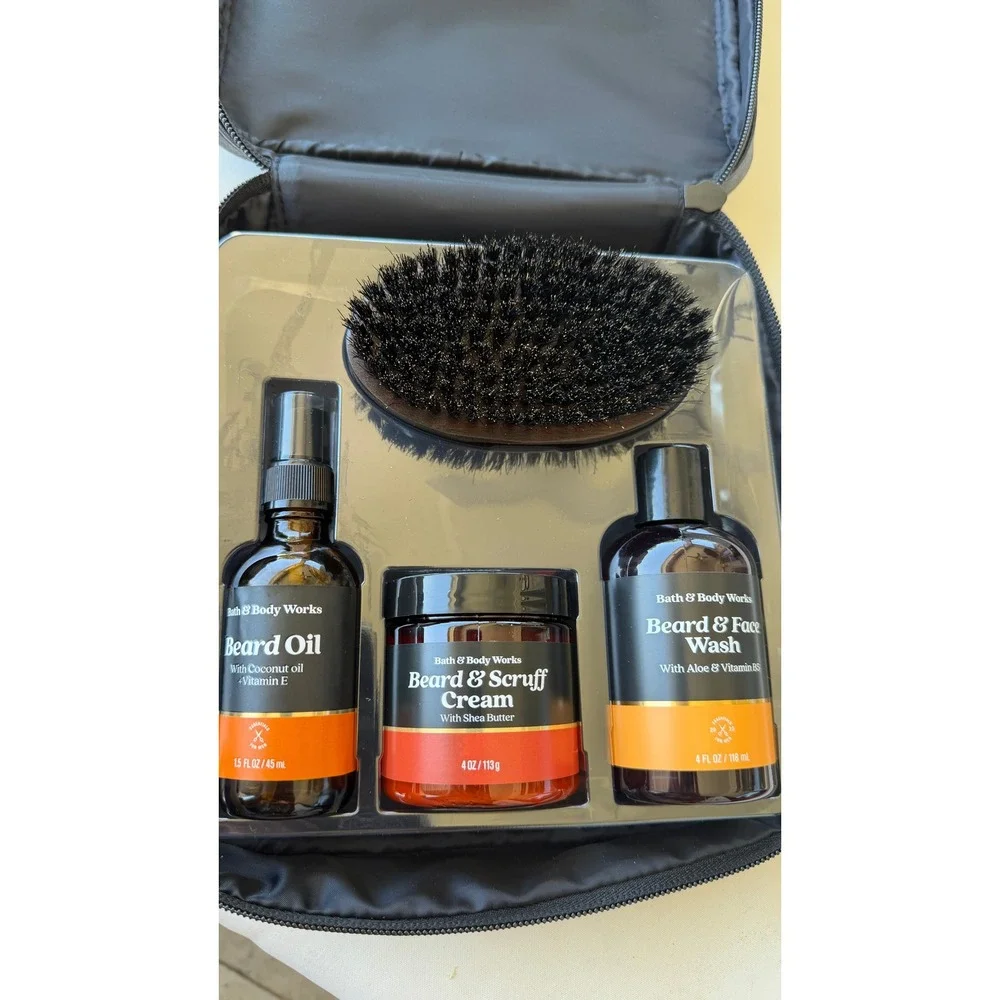 Bath & Body Works Mens Beard Care Kit Wash Oil Cream Brush & Case Set